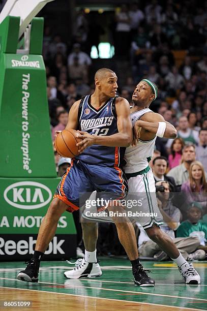 Boris Diaw of the Charlotte Bobcats drives the ball against Paul Pierce of the Boston Celtics during the game on April 1, 2009 at TD Banknorth Garden...