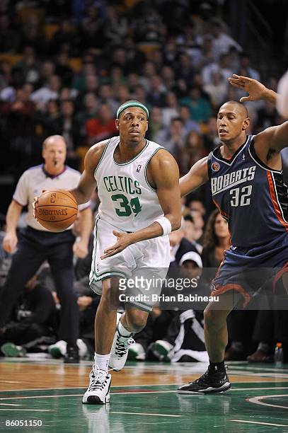 Paul Pierce of the Boston Celtics drives the ball against Boris Diaw of the Charlotte Bobcats during the game on April 1, 2009 at TD Banknorth Garden...