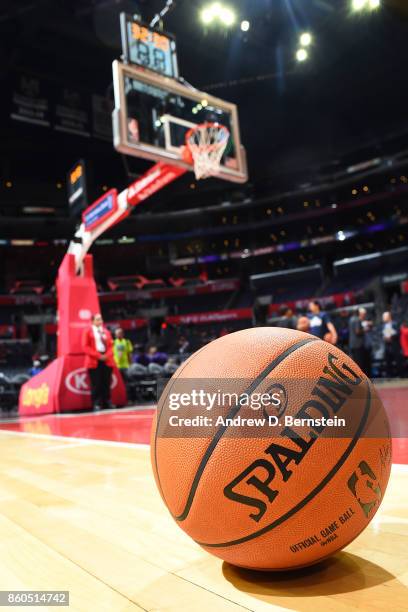 Close-up detail view of the Official NBA Spalding basketball on the court with the basket stanchion in the background before the Portland Trail...