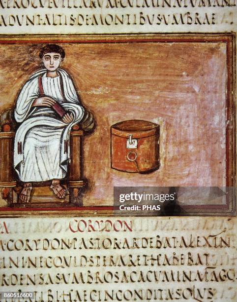 Virgil . Latin poet. Virgilio next to a roll container. Manuscript, 5th-6th centuries. Folio 3v Vatican Apostolic Library.