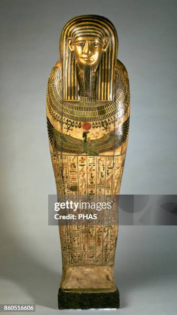 Egyptian sarcophagus. Sarcophagus of Taremetchenbastet, daughter of Ptairdis, XXVI dynasty . Polychrome wood, Necropolis of Saqqara, Egypt. The...