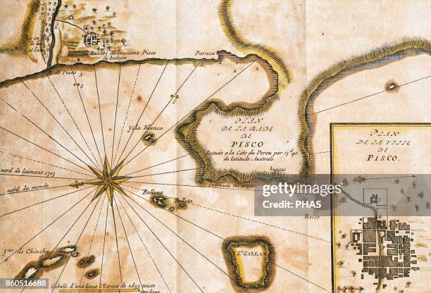 Peru, South America, 18th century. Plane of the inlet of Pisco, located on the coast of Peru, at 13 degrees 40 austral latitude, and plane of the...