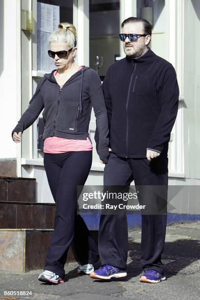 Ricky Gervais seen walking hand in hand with long-term girlfriend Jane Fallon in Hampstead on October 12, 2017 in London, England.