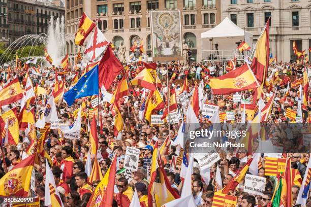 Thousands gather in Barcelona for a Spanish National Day Rally on October 12, 2017 in Barcelona, Spain. Spain marked its National Day with a show of...