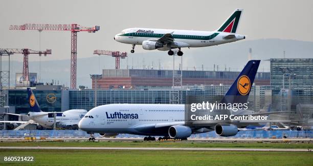 Picture taken on September 26, 2011 shows a plane of Italian airline Alitalia landing at the airport in Frankfurt am Main, western Germany, where is...