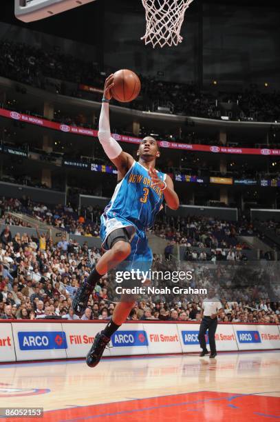 Chris Paul of the New Orleans Hornets takes the ball to the basket against the Los Angeles Clippers during the game at Staples Center on April 1,...