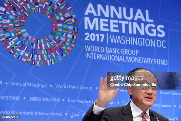 World Bank President Jim Yong Kim delivers remarks at opening news conference of the World Bank Group and the International Monetary Fund's annual...