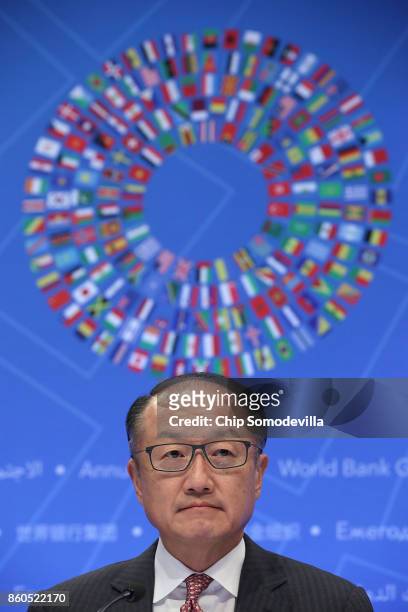 World Bank President Jim Yong Kim delivers remarks at opening news conference of the World Bank Group and the International Monetary Fund's annual...