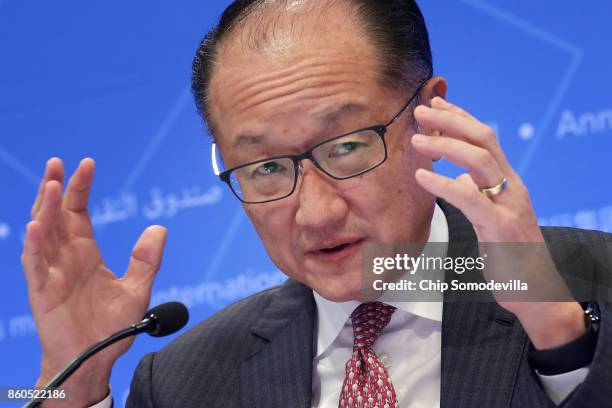 World Bank President Jim Yong Kim delivers remarks at opening news conference of the World Bank Group and the International Monetary Fund's annual...