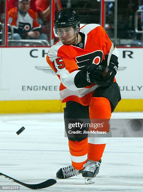 Joffrey Lupul of the Philadelphia Flyers skates against of the Pittsburgh Penguins during Game Three of the Eastern Conference Quarterfinal Round of...