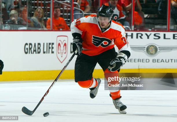 Darroll Powe of the Philadelphia Flyers skates against of the Pittsburgh Penguins during Game Three of the Eastern Conference Quarterfinal Round of...