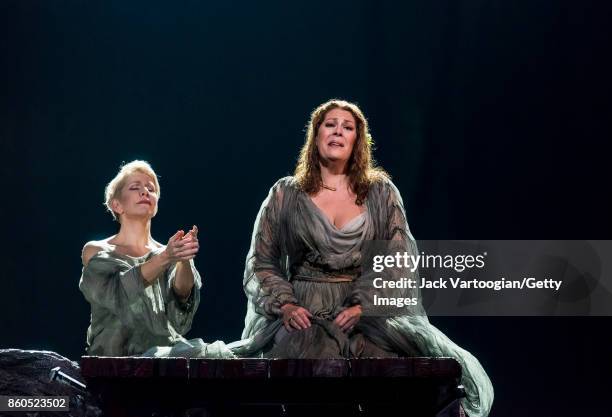 American mezzo-soprano Joyce DiDonato and American-Canadian soprano Sondra Radvanovsky perform during the final dress rehearsal prior to the premiere...