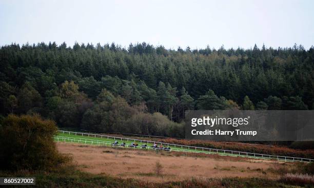 General view as runners make their way round the course during the Download The App At 188Bet Novices' Hurdle at Exeter Racecourse on October 12,...