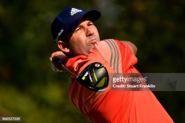 Sergio Garcia of Spain plays a shot on Day One of the Italian Open at Golf Club Milano - Parco Reale di Monza on October 12, 2017 in Monza, Italy.