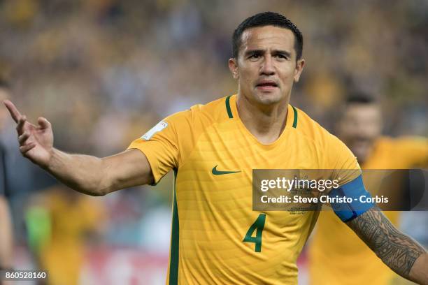 Tim Cahill of Australia celebrates his 50th goal for his country during the 2018 FIFA World Cup Asian Playoff match between the Australian Socceroos...