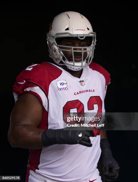 Frostee Rucker of the Arizona Cardinals walks onto the field prior to the game against the Philadelphia Eagles at Lincoln Financial Field on October...