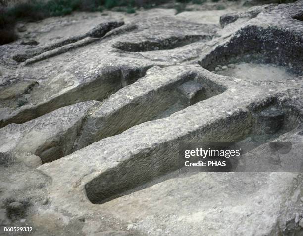 Necropolis of anthropomorphic tombs, dated between 10th-14th centuries, located next to the Romanesque church of Santa Maria de la Piscina. San...