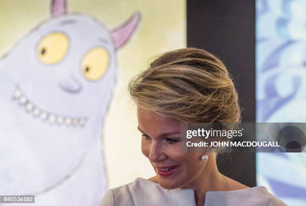 Queen Mathilde of Belgium speaks to publishers at the stand of Belgian publisher Mijade as she visited the Frankfurt Book Fair 2017 in Frankfurt am...