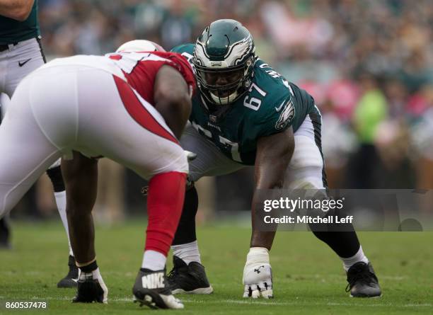 Chance Warmack of the Philadelphia Eagles plays against the Arizona Cardinals at Lincoln Financial Field on October 8, 2017 in Philadelphia,...