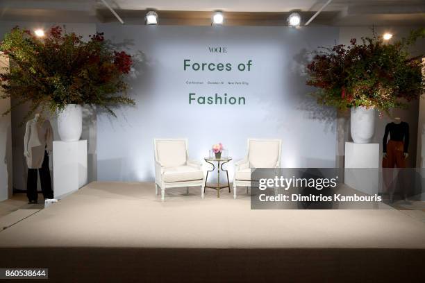 View of the room before guests arrive during Vogue's Forces of Fashion Conference at Milk Studios on October 12, 2017 in New York City.