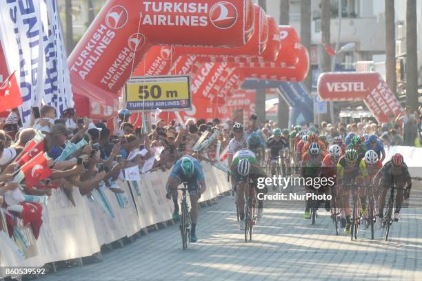 Sam Bennett from BoraHansgrohe team in Turquoise Leader Jersey sprints to win the third stage 6km Spor Toto Fethiye to Marmaris stage of the 53rd...