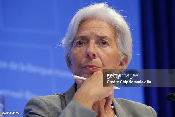 International Monetary Fund Managing Director Christine Lagarde answers reporters' questions during the opening news conference of the World Bank...