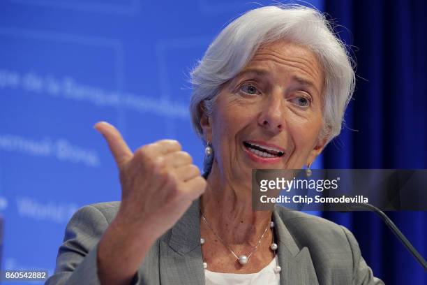 International Monetary Fund Managing Director Christine Lagarde answers reporters' questions during the opening news conference of the World Bank...