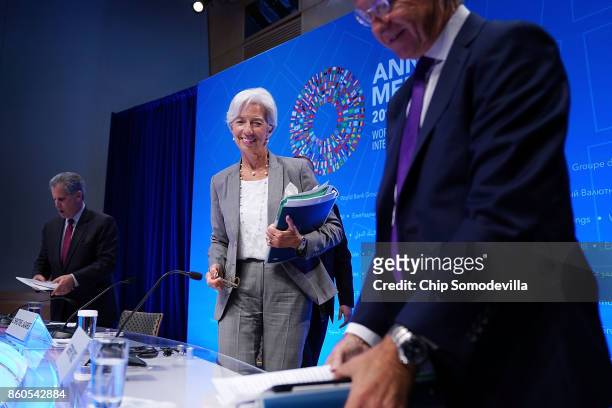 International Monetary Fund Managing Director Christine Lagarde leaves after conducting the opening news conference of the World Bank Group and the...