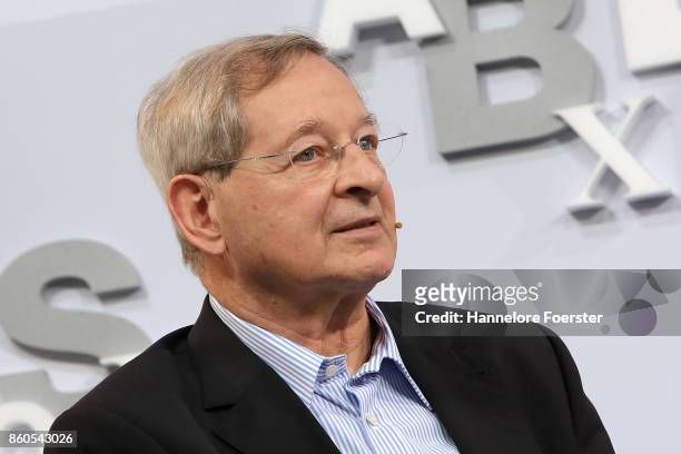 Author Pter Ndas at the Blue Sofa at the 2017 Frankfurt Book Fair on October 12, 2017 in Frankfurt am Main, Germany. The 2017 fair, which is among...