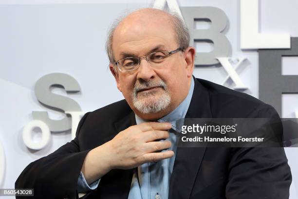 Author Salman Rushdie at the Blue Sofa at the 2017 Frankfurt Book Fair on October 12, 2017 in Frankfurt am Main, Germany. The 2017 fair, which is...