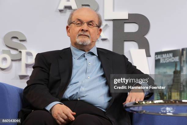 Author Salman Rushdie at the Blue Sofa at the 2017 Frankfurt Book Fair on October 12, 2017 in Frankfurt am Main, Germany. The 2017 fair, which is...