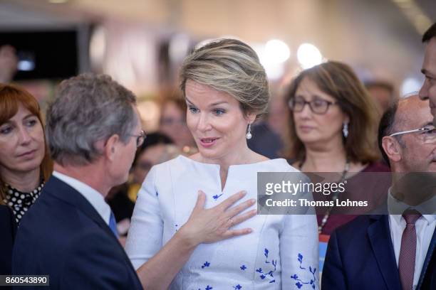 Queen Mathilde of Belgium visits the 2017 Frankfurt Book Fair on October 12, 2017 in Frankfurt am Main, Germany. The 2017 fair, which is among the...