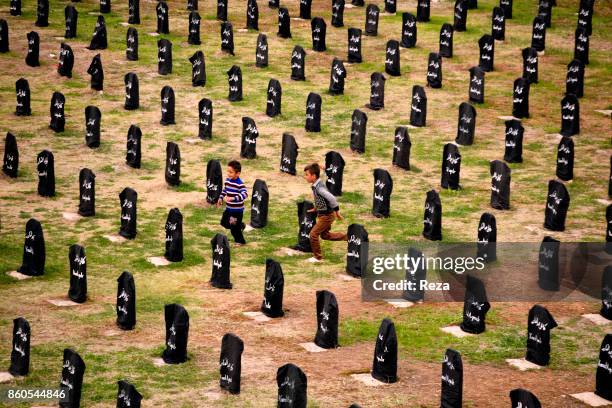 One of the cemeteries of the city, where the unidentified bodies of the 5,000 victims of the chemical attack of Halabja are buried; a black flag with...