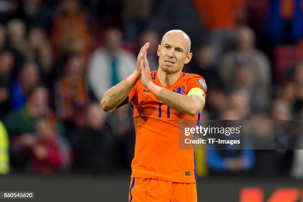 Arjen Robben of Netherlands gestures during the FIFA 2018 World Cup Qualifier between Netherlands and Sweden at Amsterdam ArenA on October 10, 2017...