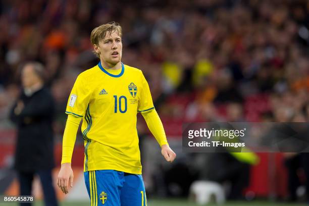 Emil Forsberg of Sweden looks on during the FIFA 2018 World Cup Qualifier between Netherlands and Sweden at Amsterdam ArenA on October 10, 2017 in...