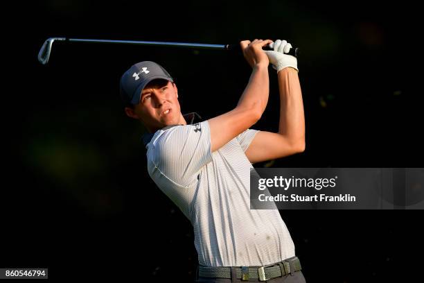 Matthew Fitzpatrick of England plays a shot on Day One of the Italian Open at Golf Club Milano - Parco Reale di Monza on October 12, 2017 in Monza,...