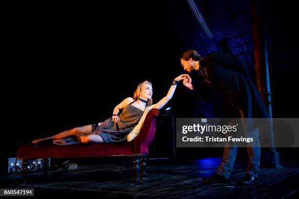 Natalie Dormer as Vanda Jordan and David Oakes as Thomas Novachek during the Venus In Fur photocall at Theatre Royal on October 12, 2017 in London,...