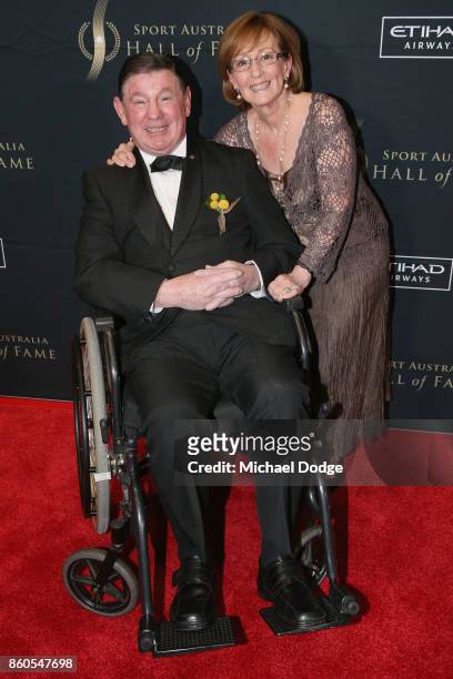 Legend boxer John Famechon poses with his his wife Glenys at the Sport Australia Hall of Fame Annual Induction and Awards Gala Dinner at Crown...