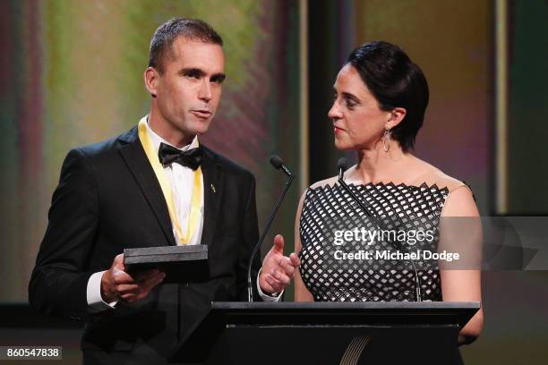 Sport Australia Hall of Fame Inductee and legend Cyclist Brad McGee speaks on stage at the Annual Induction and Awards Gala Dinner at Crown Palladium...