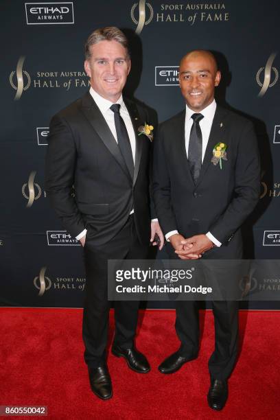 Tim Horan and George Gregan at the Sport Australia Hall of Fame Annual Induction and Awards Gala Dinner at Crown Palladium on October 12, 2017 in...
