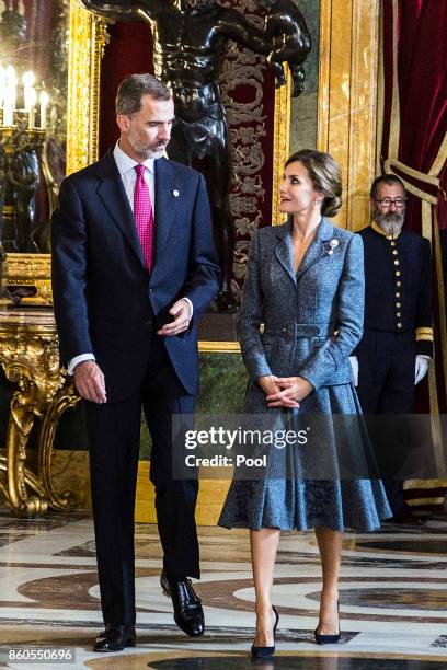 King Felipe VI of Spain and Queen Letizia of Spain attend the National Day reception at the Royal Palace on October 12, 2017 in Madrid, Spain.