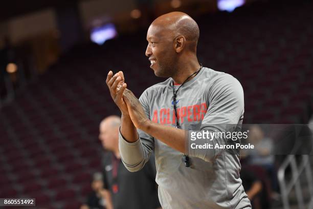 Sam Cassell of the LA Clippers claps at an open practice at the Galen Center on the campus of the University of Southern California on October 10,...