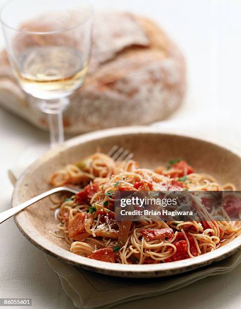 spaghetti carbonara with wine - angel hair pasta stock pictures, royalty-free photos & images