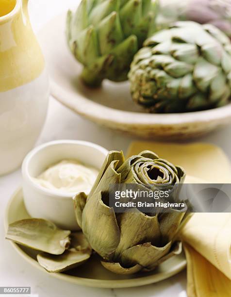 steamed artichoke with mayonnaise - artichoke stock pictures, royalty-free photos & images
