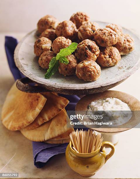 lamb kofta with pita bread and dipping sauce - meatball stock pictures, royalty-free photos & images