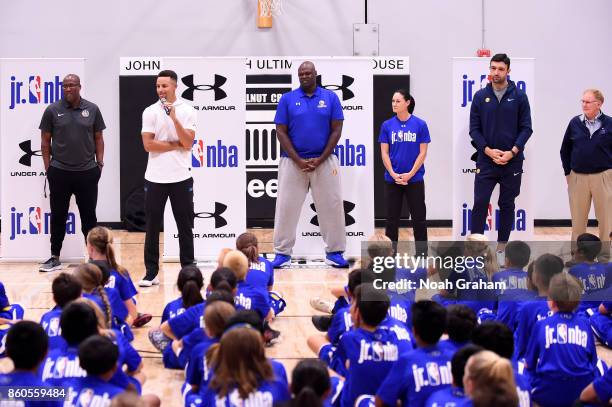 Stephen Curry, Zaza Pachulia and assistant coach Mike Brown of the Golden State Warriors along with NBA Legend Adonal Foyle and WNBA Legend Jennifer...