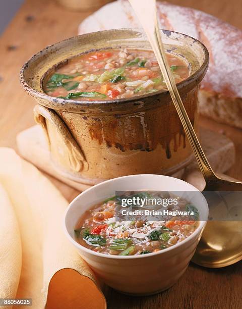 lentil soup with carrots and spinach - vegetable soup stockfoto's en -beelden