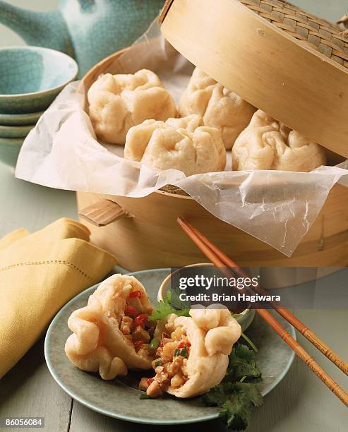 steamed dumplings with chicken , pepper , and scallions - gyoza foto e immagini stock