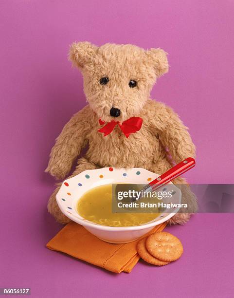 teddy bear with chicken noodle soup - sopa de noodles de frango imagens e fotografias de stock