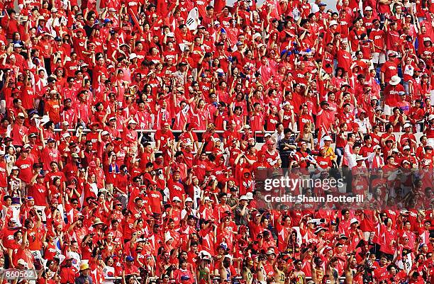 South Korea fans during the FIFA World Cup Finals 2002 Quarter Finals match between Spain and South Korea played at the Gwangju World Cup Stadium, in...